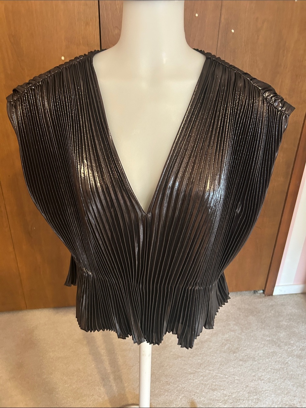 Pleated V-Neck Metallic Silver/grey Women’s Top